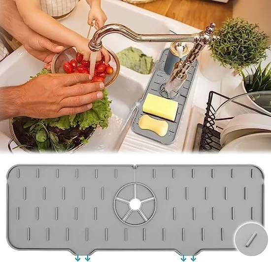 Sink Faucet Mat for Kitchen Sink Splash Guard Countertop Protection Soft Rubber Drying Pad Flat Single Hole Silicone